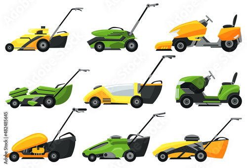 Lawn mower machines set in various types, green and yellow colors. Trimming, pruning and cutting grass electric mower work tool for garden. Flat cartoon icons isolated on white background