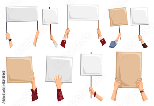 Hand holding empty placards with place for text. Person hand holding blank cards or signs. Set of isolated banners on white. Vector illustration can be used for competition, tournament or contest