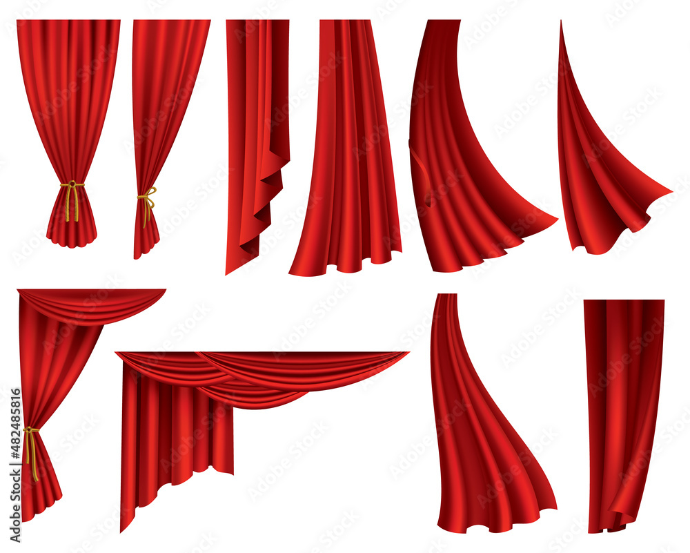 Collection of realistic red curtains. Theater fabric silk decoration for movie cinema or opera hall. Curtains and draperies interior decoration object. Isolated on white for theater stage - obrazy, fototapety, plakaty 