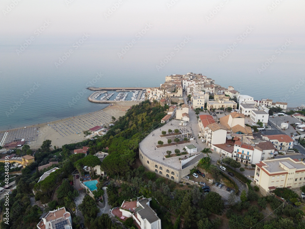 Fototapeta premium Aerial view on old and new parts of Sperlonga, ancient Italian city in province Latina on Tyrrhenian sea, tourists vacation destination