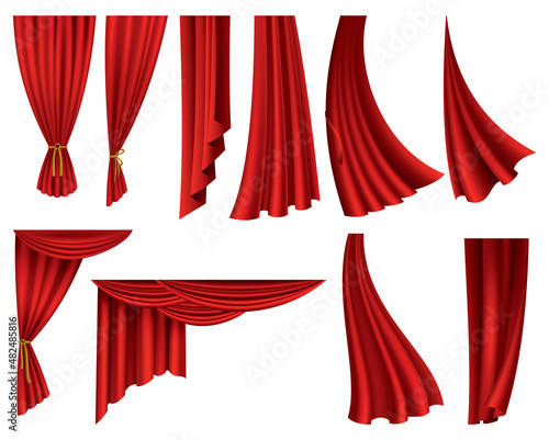 Collection of realistic red curtains. Theater fabric silk decoration for movie cinema or opera hall. Curtains and draperies interior decoration object. Isolated on white for theater stage photo