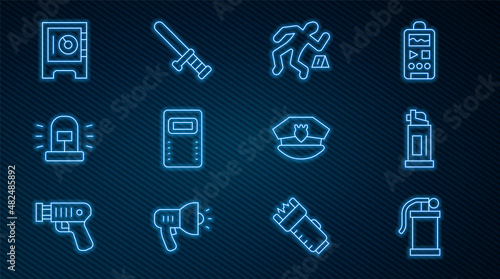 Set line Hand smoke grenade, Pepper spray, Crime scene, Police assault shield, Flasher siren, Safe, cap with cockade and rubber baton icon. Vector