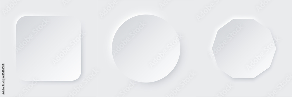 Set of realistic 3d geometric hexagon, circle and square frame on white background. Collection of Minimal frames background with copy space. Top view for product display. Vector illustration Set of realistic 3d geometric hexagon, circle and square frame on white background. Collection of Minimal frames background with copy space. Top view for product display. Vector illustration