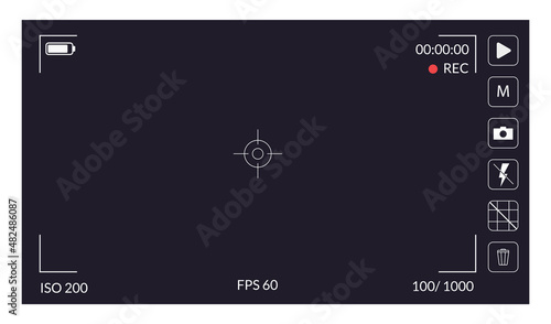 Camera viewfinder. Focusing screen recording. Black screen camera with video shooting parameters, photo quiality indicators. Digital zoom recording for modern vector bloggers