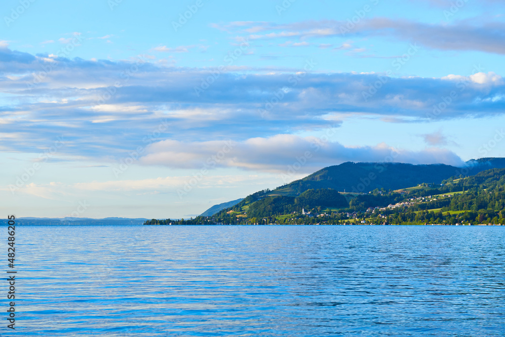 Lake Attersee in Alps mountains, Austria. Beautiful sunset landscape. 