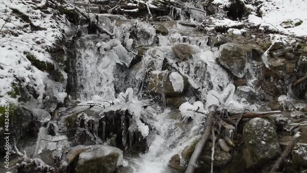 Winter landscape with small stream, snow and icicles Winter landscape with small stream, snow and icicles