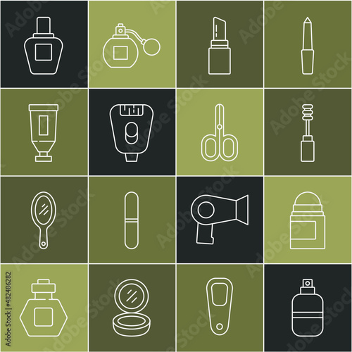 Set line Perfume, Antiperspirant deodorant roll, Mascara brush, Lipstick, Epilator, Cream lotion cosmetic tube, and Scissors icon. Vector