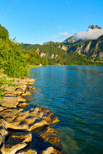 Lake Mondsee in Alps mountains, Austria. Beautiful sunset landscape. 
