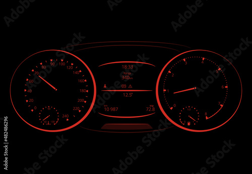 Realistic car dashboard speedometer and tachometer. Speed measure gauge. Motorbike or motorcycle speed indicator, counter on analog panel. Colorful infographic element