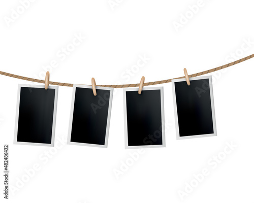 Photo frames hanged on rope. Retro instant photos on thread. Card frame image mockup, vector set. Icon design template. Remember the moment