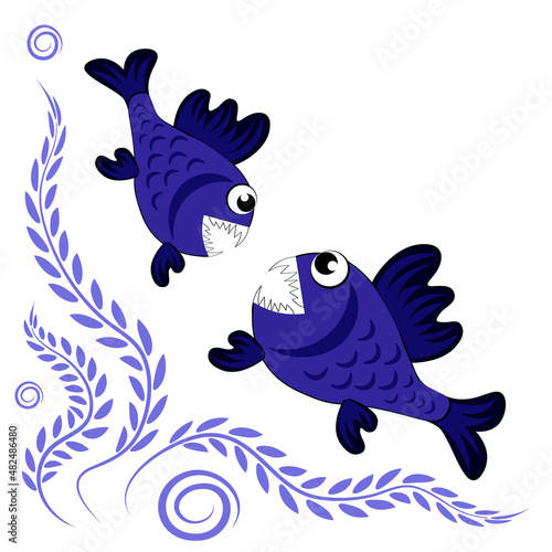 predatory evil piranha fish. Fabulous underwater world. Styling, cartoon style