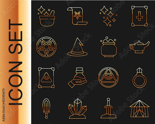 Set line Circus tent, Magic stone ring with gem, lamp or Aladdin, Sparkle stars magic, Witch hat, Pentagram circle, cauldron and icon. Vector