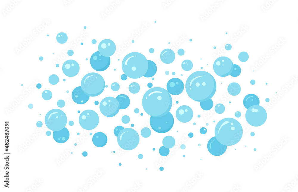 Soap bubble vector pattern, blue foam, abstract suds isolated on white background. Effervescent air bubbles stream. Cartoon soda pop. Fizzy drinks. Carbonated illustration