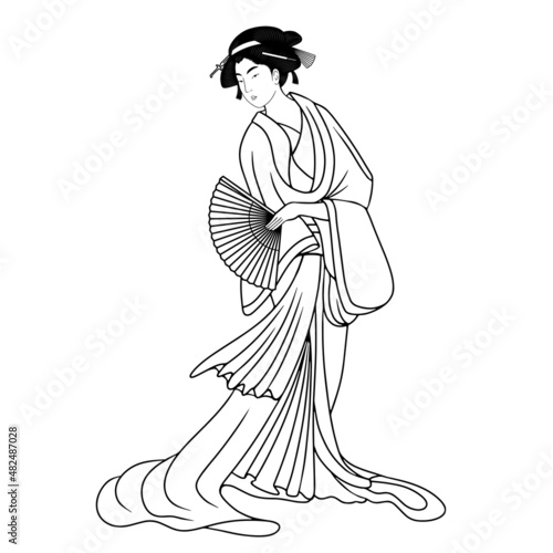 Isolated outline of a japanese geisha with traditional clothes Vector illustration