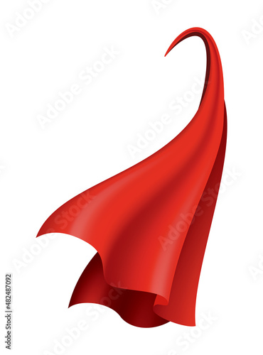 Superhero red cape. Scarlet fabric silk cloak in side view. Carnival masquerade dress, realistic costume design. Flying Mantle costume