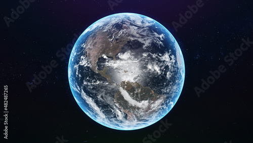 Fototapeta Naklejka Na Ścianę i Meble -  View of the planet Earth. World globe from space in a star field showing terrain and clouds. 3D rendering