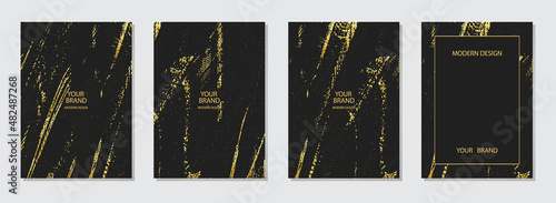 Luxury set of black background, golden grunge texture with sparkles. Frame for text. Vertical templates are used as a decorative design element for a banner, cover, postcard and brochure. 