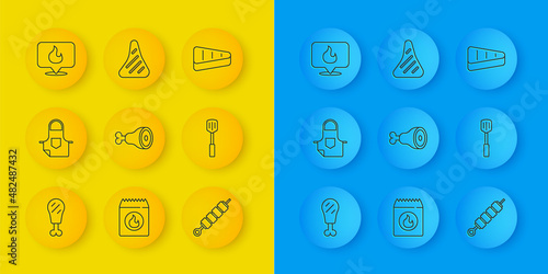 Set line Chicken leg, Kitchen apron, Grilled shish kebab, Barbecue spatula, Location with fire flame, Steak meat and icon. Vector