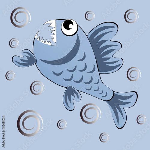 predatory evil piranha fish. Fabulous underwater world. Styling, cartoon style