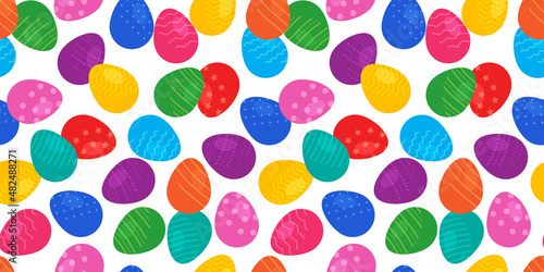Easter egg vector seamless pattern, cute spring colorful background, repeat bright collection eggs. Happy cartoon illustration