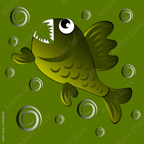predatory evil piranha fish. Fabulous underwater world. Styling, cartoon style