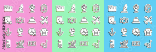 Set line Diving mask and snorkel, Armchair, Plane, Location on the globe, Photo camera, Calendar airplane, Action and Hotel service bell icon. Vector