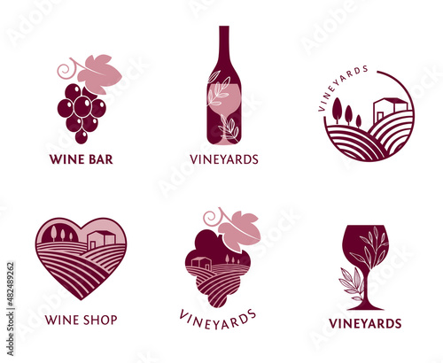 Wine, vineyard, organic natural winery logo collection. Vineyard field and grapes symbols and icons 