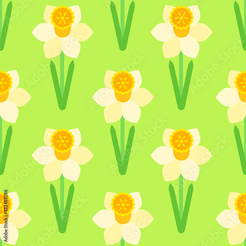 Narcissus flowers seamless vector pattern. Floral illustration on green.