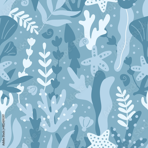 Vector sea seamless pattern with hand drawn seaweeds, corals and starfish. Aquarium water plants on blue background. Underwater plants silhouette.