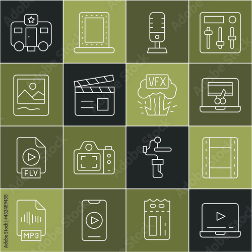 Set line Online play video, Play Video, recorder on laptop, Microphone, Movie clapper, Photo frame, Actor trailer and VFX icon. Vector