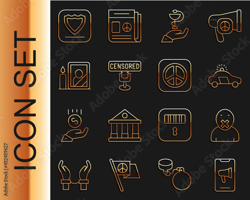 Set line Protest, Censor and freedom of speech, Police car flasher, Caduceus snake medical, Censored stamp, Mourning photo frame, Shield and Peace icon. Vector