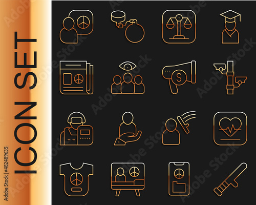 Set line Police rubber baton, Heart rate, Security camera, Scales of justice, Spy, agent, News, Peace talks and Megaphone and dollar icon. Vector
