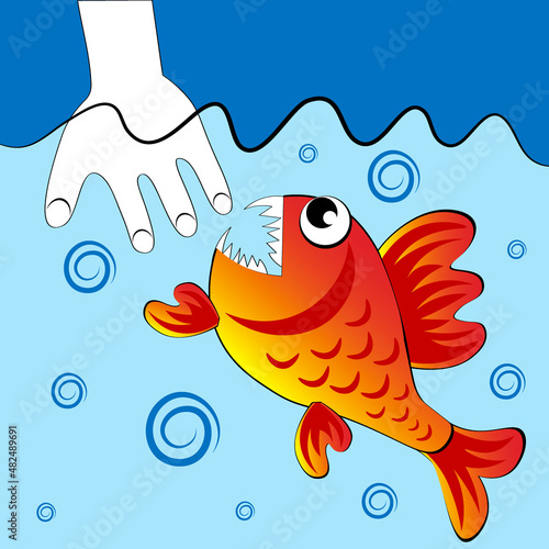 predatory evil piranha fish. Fabulous underwater world. Styling, cartoon style