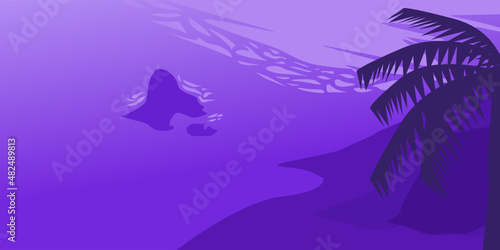 Illustration on the beach, in Color of the year 2022, Very Peri Color. Vector SVG Illustration Background.