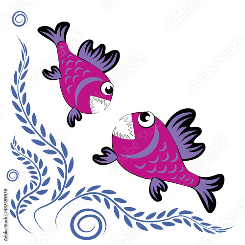 predatory evil piranha fish. Fabulous underwater world. Styling, cartoon style
