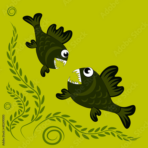 The illustration on a square background is a predatory evil piranha fish. Fabulous underwater world. Styling, cartoon style. Design element of books, notebooks, postcards, interior items. Wallpapers