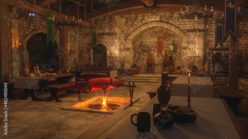 Medieval Viking dining hall interior with a boar roasting over an open fire. 3D rendering. photo