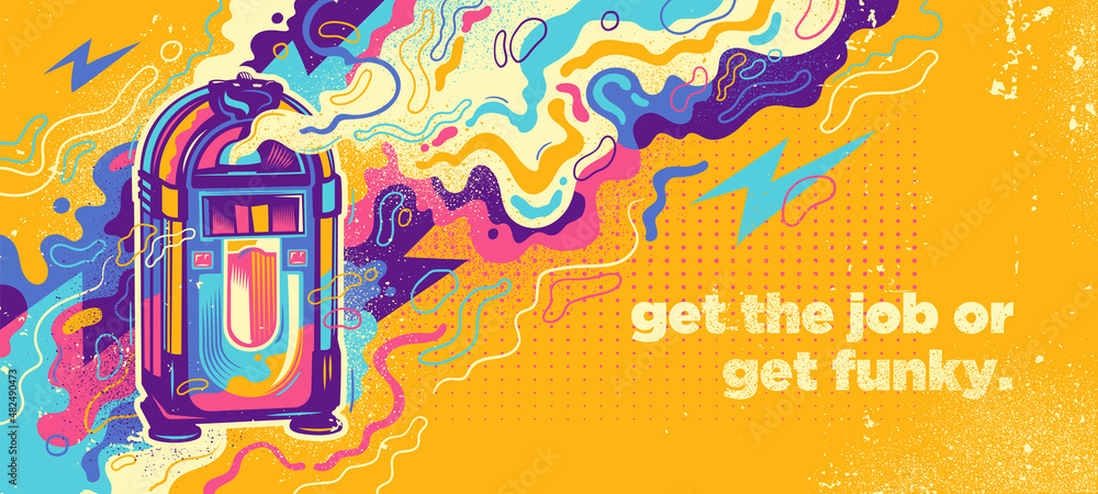 Colorful abstract background design with jukebox and various splashing shapes. Vector illustration. Colorful abstract background design with jukebox and various splashing shapes. Vector illustration.