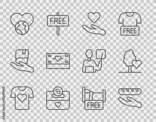 Set line Clothes donation, Donation food, Heart in hand, charity, The heart world - love, Free overnight stay house and Volunteer team planting trees icon. Vector