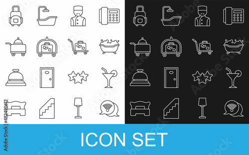 Set line Wi-Fi wireless internet, Cocktail, Bathtub, Concierge, Hotel luggage cart, Covered with tray of food, Suitcase and Trolley suitcase icon. Vector