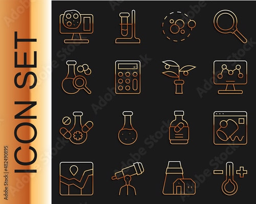 Set line Thermometer, Data visualisation, Genetic engineering, Atom, Calculator, Test tube, and Plant breeding icon. Vector