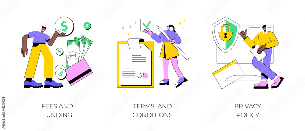 Website information page abstract concept vector illustration set. Fees and funding, terms and conditions, privacy policy, service cost, subscription fee, website menu bar, UI, UX abstract metaphor.