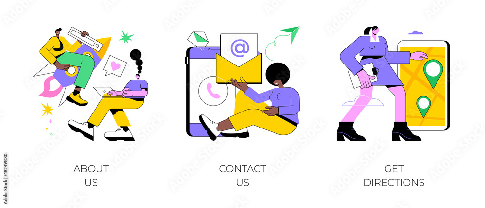 Company information abstract concept vector illustration set. About us, contact us, get directions, website menu, starting web page, business profile, office information, navigation abstract metaphor. Company information abstract concept vector illustration set. About us, contact us, get directions, website menu, starting web page, business profile, office information, navigation abstract metaphor.