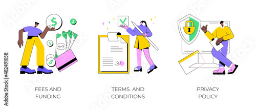 Website information page abstract concept vector illustration set. Fees and funding, terms and conditions, privacy policy, service cost, subscription fee, website menu bar, UI, UX abstract metaphor.