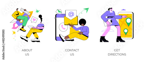 Company information abstract concept vector illustration set. About us, contact us, get directions, website menu, starting web page, business profile, office information, navigation abstract metaphor.