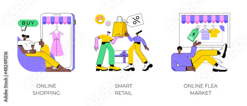 E-commerce platform abstract concept vector illustration set. Online shopping, smart retail, online flea market, internet store, mobile application, digital product catalog, auction abstract metaphor.