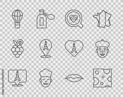 Set line Eiffel tower, Cheese, Coffee cup, Cook, Hot air balloon, Smiling lips and French mime icon. Vector