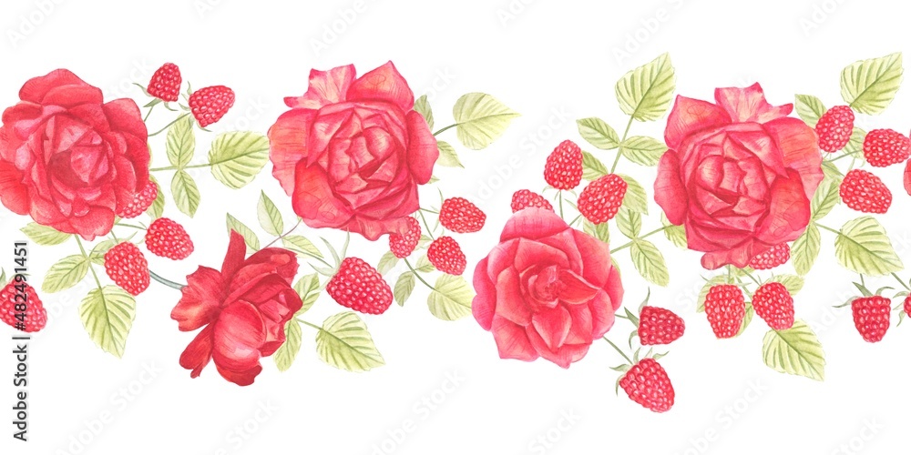Gerland of roses and raspberries.Seamless border. Isolated on a white background. Watercolor illustration.