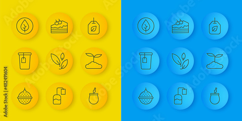 Set line Ball tea strainer, Cup with bag, Tea leaf, Mate, and Piece of cake icon. Vector