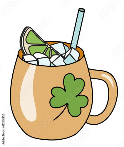Saint Patricks Day special Irish Moscow mule cocktail with lime in copper mug. Doodle cartoon vector illustration isolated on white background. For greeting card, party poster, invitation or sticker